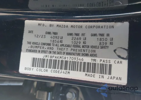 2024 Mazda Mazda3 2.5 S Select Sport из США, поврежденный, VIN JM1BPAKM5R1709346